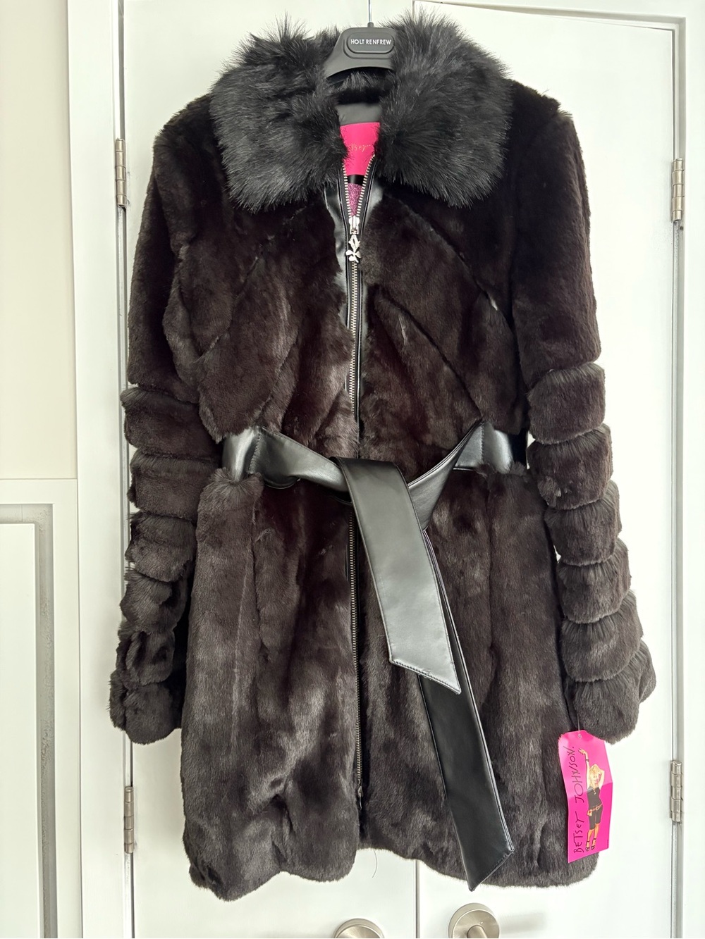 Betsey Johnson Dark Brown Faux-Fur Belted Coat with Black Collar